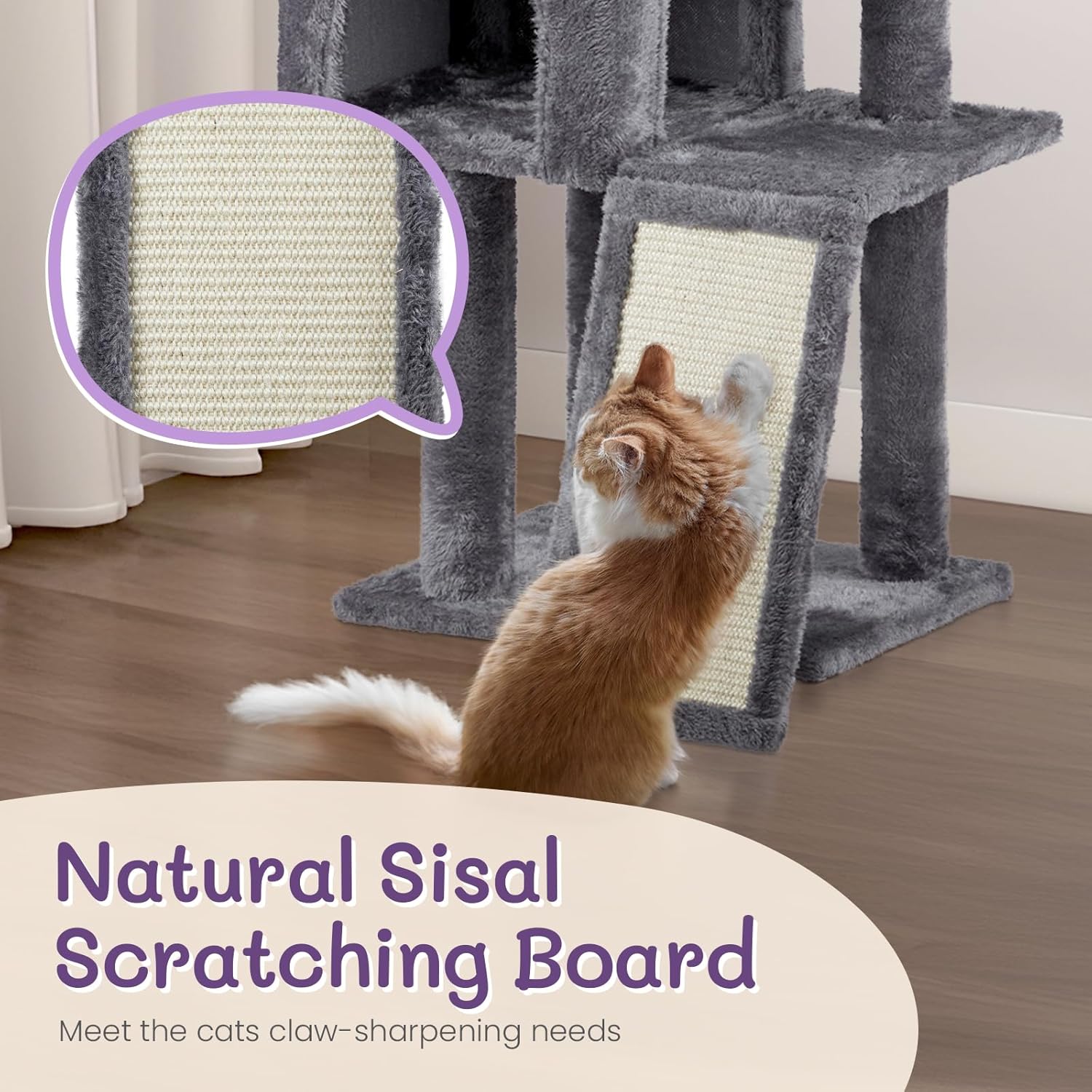 review 49 inch Cat Tree Cat Tower for Indoor Cats, Cat House with Padded Platform Bed, Toy Ball, Large Cozy Condo, Scratch Board and Sisal Scratching Posts, Dark Grey