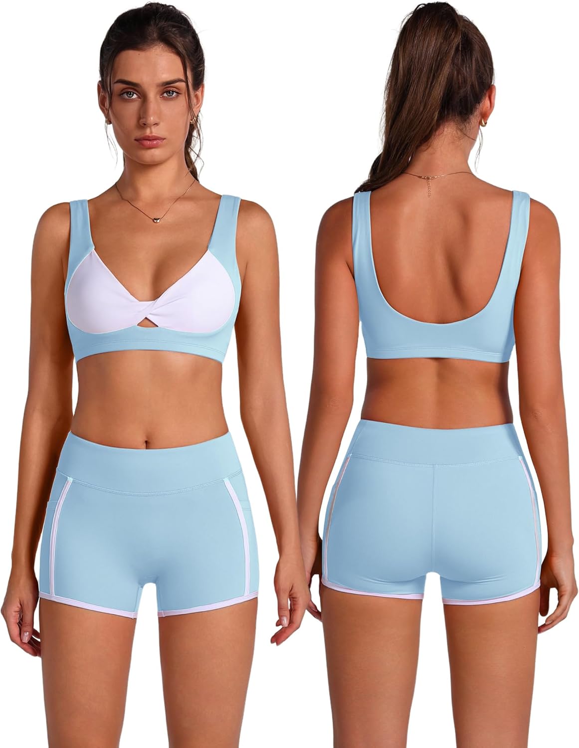 ABOCIW Womens Workout Sets Contrast Trims Twist Front Sports Bra High Waist Mini Shorts with Pockets Pilates Outfits
