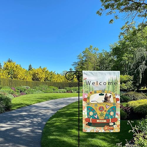 Miniatura 2 de Border Collie Dog Drive a Van Welcome House Bandera Love Peace Flowers Primavera Verano Bandera Bandera para patio exterior, 28 x 40 pulgadas, doble