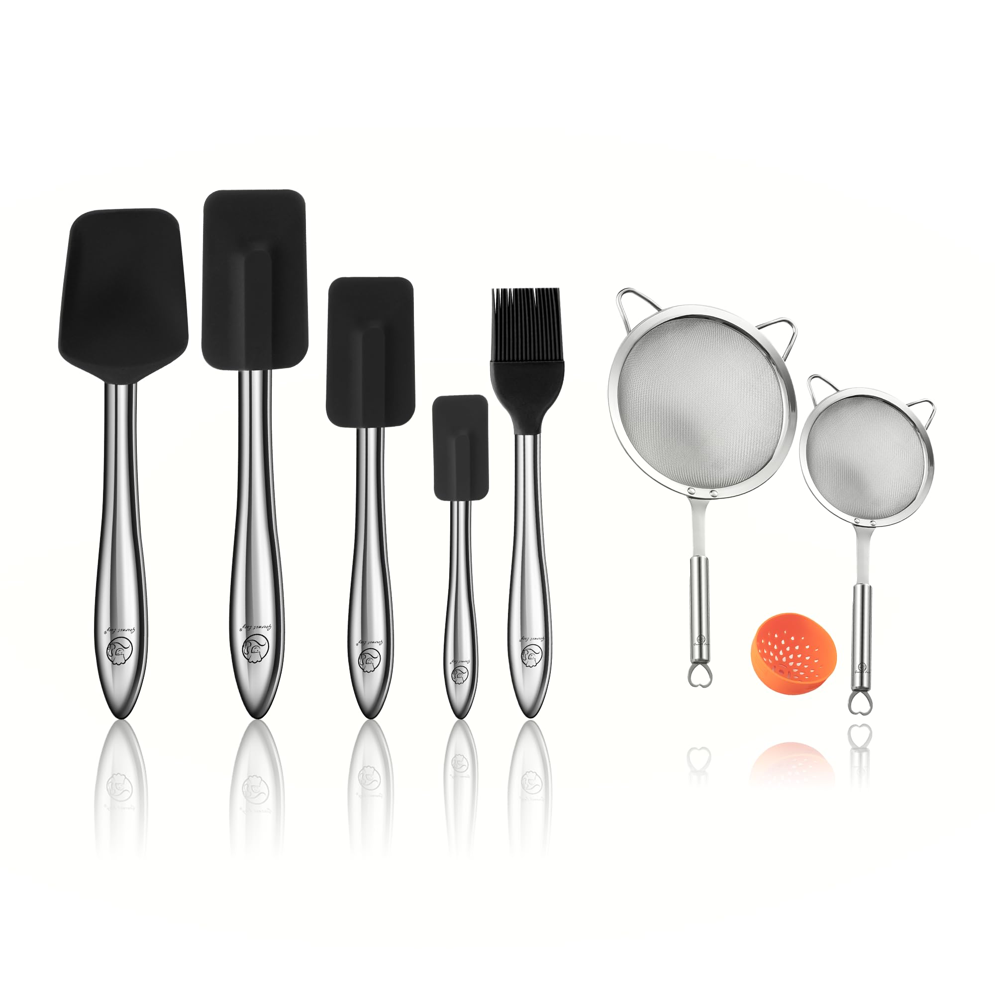 Gourmet Easy Baker's Delight Kit - Stainless Steel Food Strainer Set + Silicone Kitchen Utensils Set Stainless Steel Handle (Black) - Baking Accessories