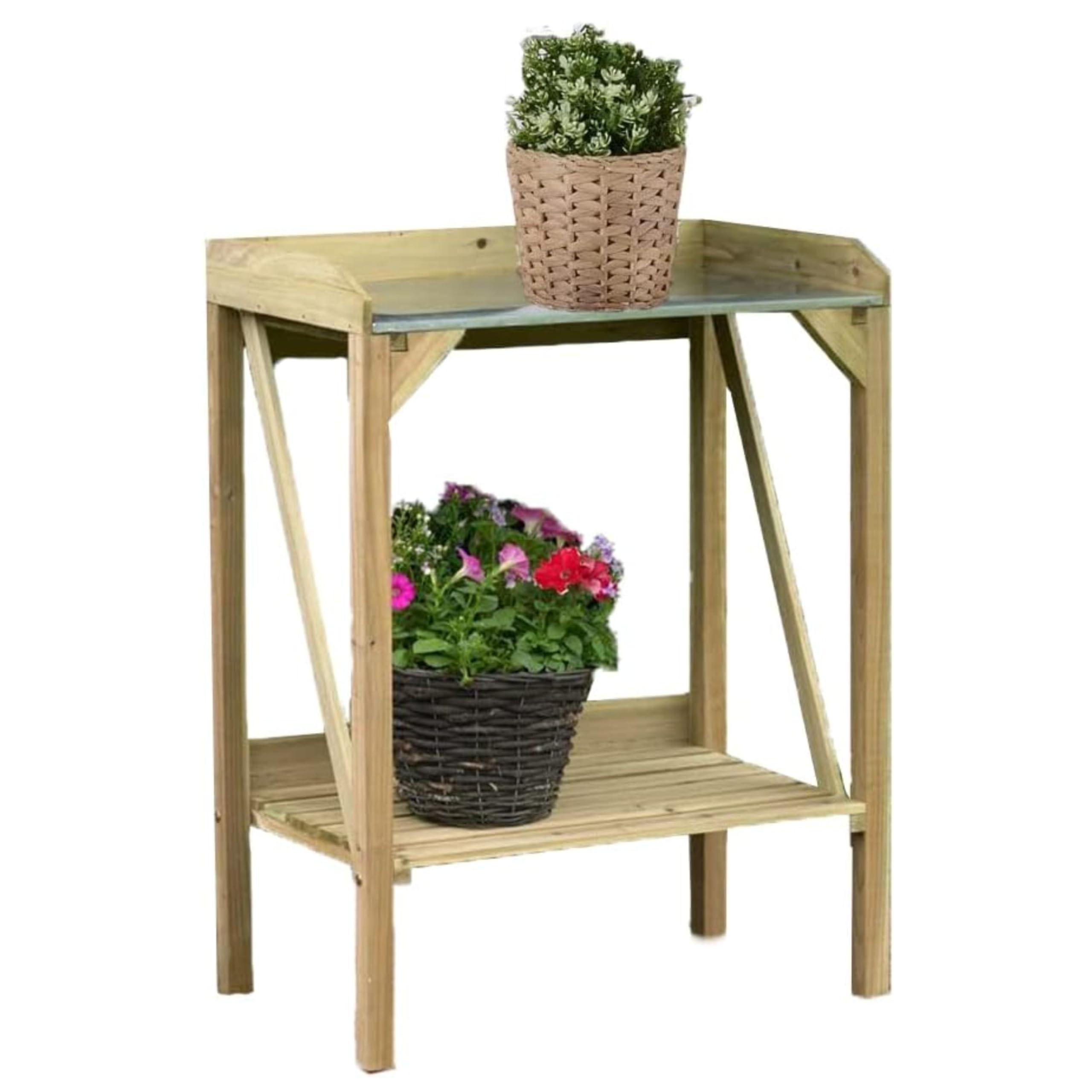 AAMEN Wooden Potting Bench Table, Wooden with Metal Table Top & Shelf, Outdoor Garden Patio Workstation for Backyard Lawn Outdoor
