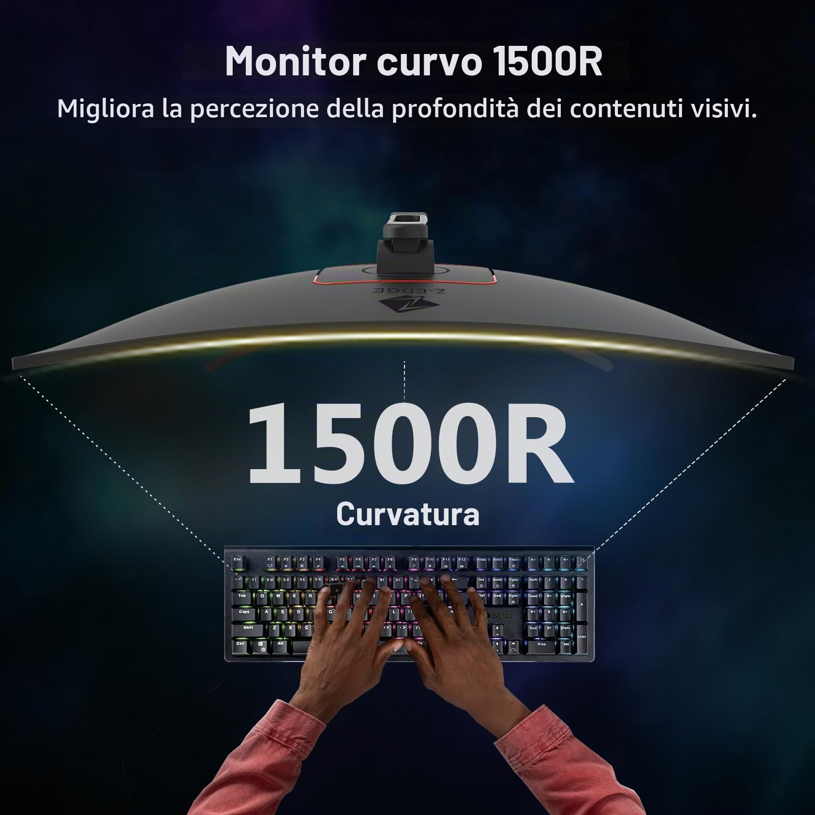 Z-Edge Monitor Gaming Curvo 27'' 165 Hz, 1ms, FreeSync, FHD(1920x1080), Schermo PC Cornice Ultra Sottile 16:9, 1500R VA, Inclinazione Regolabile, 2* HDMI2.0 & DP1.4, VESA 100*100mm(Cavo HDMI Incluso)