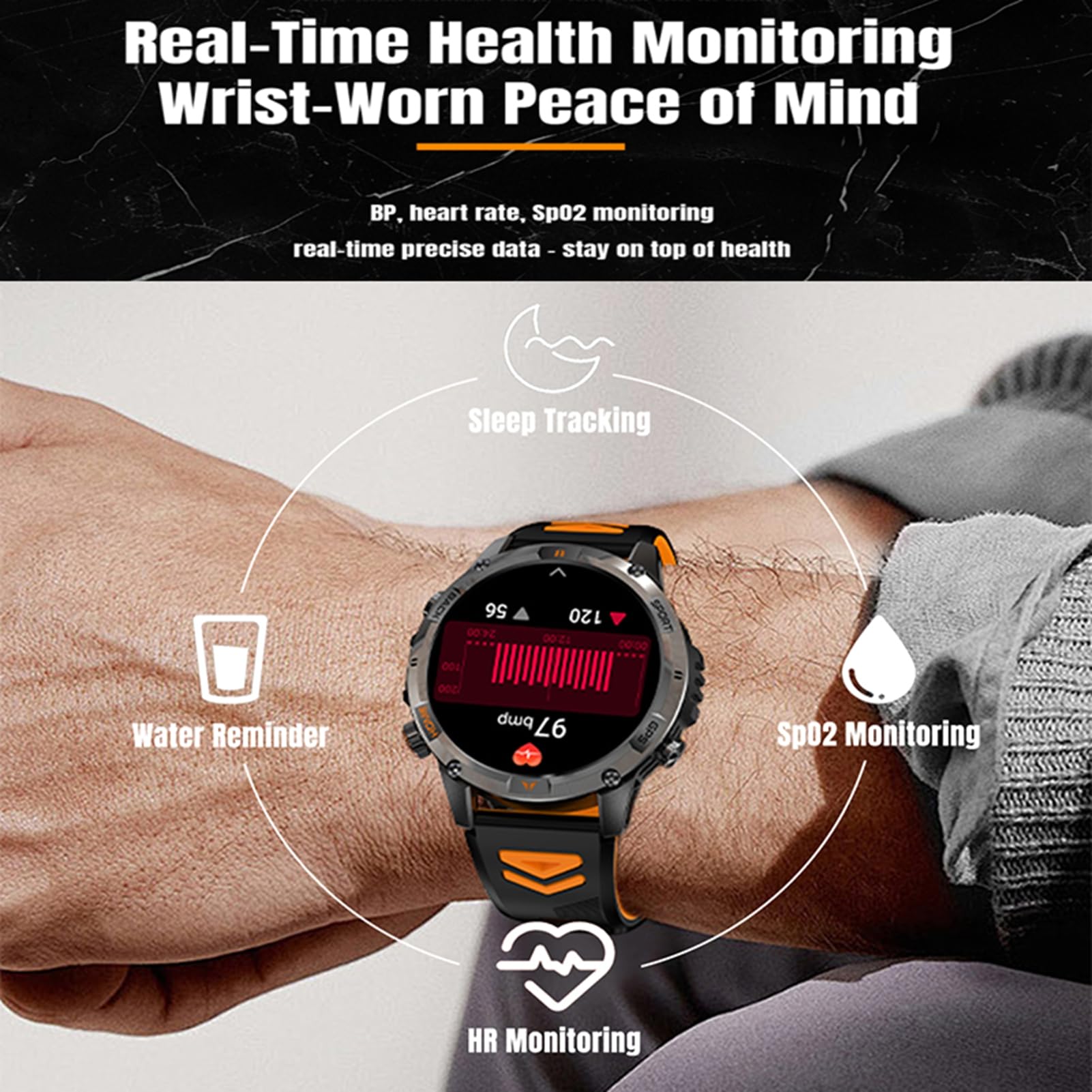 Orologio Sportivo Intelligente, Tracker di attività GPS con Risoluzione 360x360 da 1,46 Pollici con Oltre 100 modalità di Allenamento, per IOS Corsa Nuoto Escursionismo Sport (e arancione)