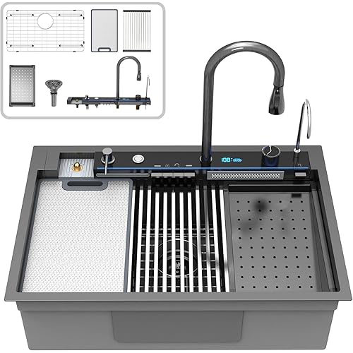 33x22 inch Black Drop In Waterfall kitchen Sink Multi-function Integrated - Qubfuen, Digital Display Ambient Light, Sink with Workstation 16 Gauge Metal Black Stainless Steel Single Bowl