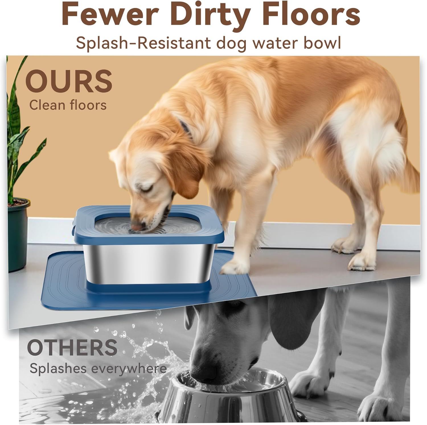 10L No Spill Dog Water Bowl, 2.6 Gal Stainless Steel No Splash Large Dog Water Bowl with Non-Slip Silicone Mat, Spill Proof Slow Drinking Pet Bowls for Messy Drinkers Indoor/Outdoor Use Blue