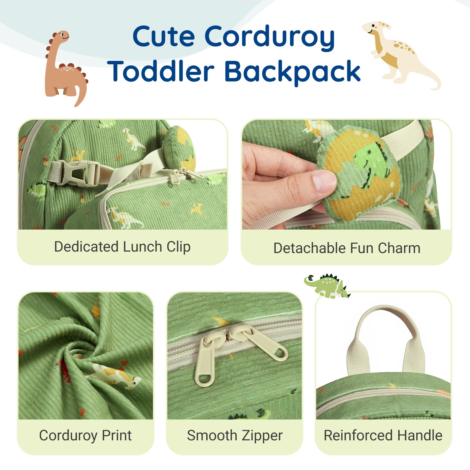 mommore Toddler Backpack for Boys 2-4, Corduroy Kids Backpack, 13" H Preschool Kindergarten Daycare School Bag Dinosaur Bookbag - 4