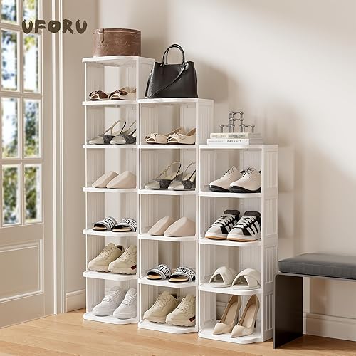 Miniatura 8 de Zapatero pequeño, zapatero vertical de plástico de 5 niveles para espacios pequeños y estrechos, organizador de zapatos independiente para armario,