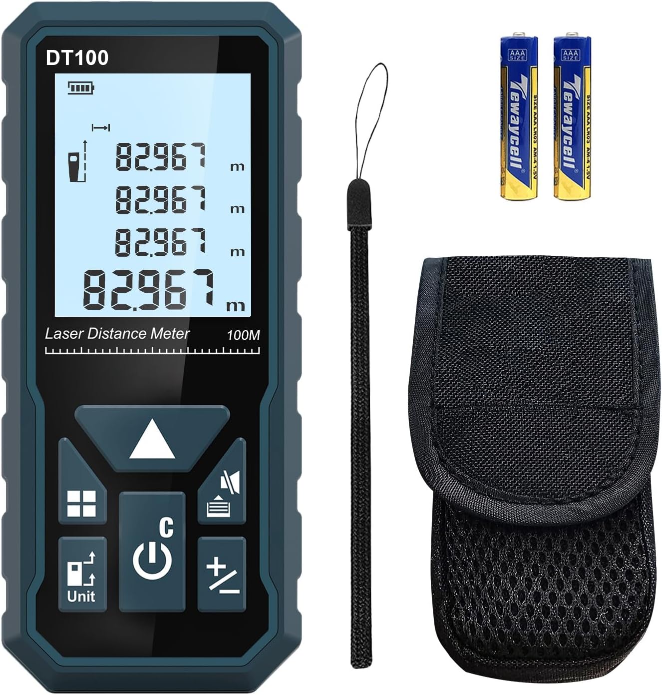 HANMATEK Laser Measure 328 Feet Digital Laser Tape Measure M/in/Ft Unit Switching Backlit LCD and Pythagorean Mode, Measure Distance, Area and Volume - Hand Strap and Battery Included DT100