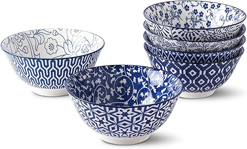 Selamica Blue and White Porcelain 20oz Cereal Bowl Set - Set of 6, 6 inch Soup Bowls, Ceramic bowls for Cereal, Soup, Salad and Pasta, Vintage Blue