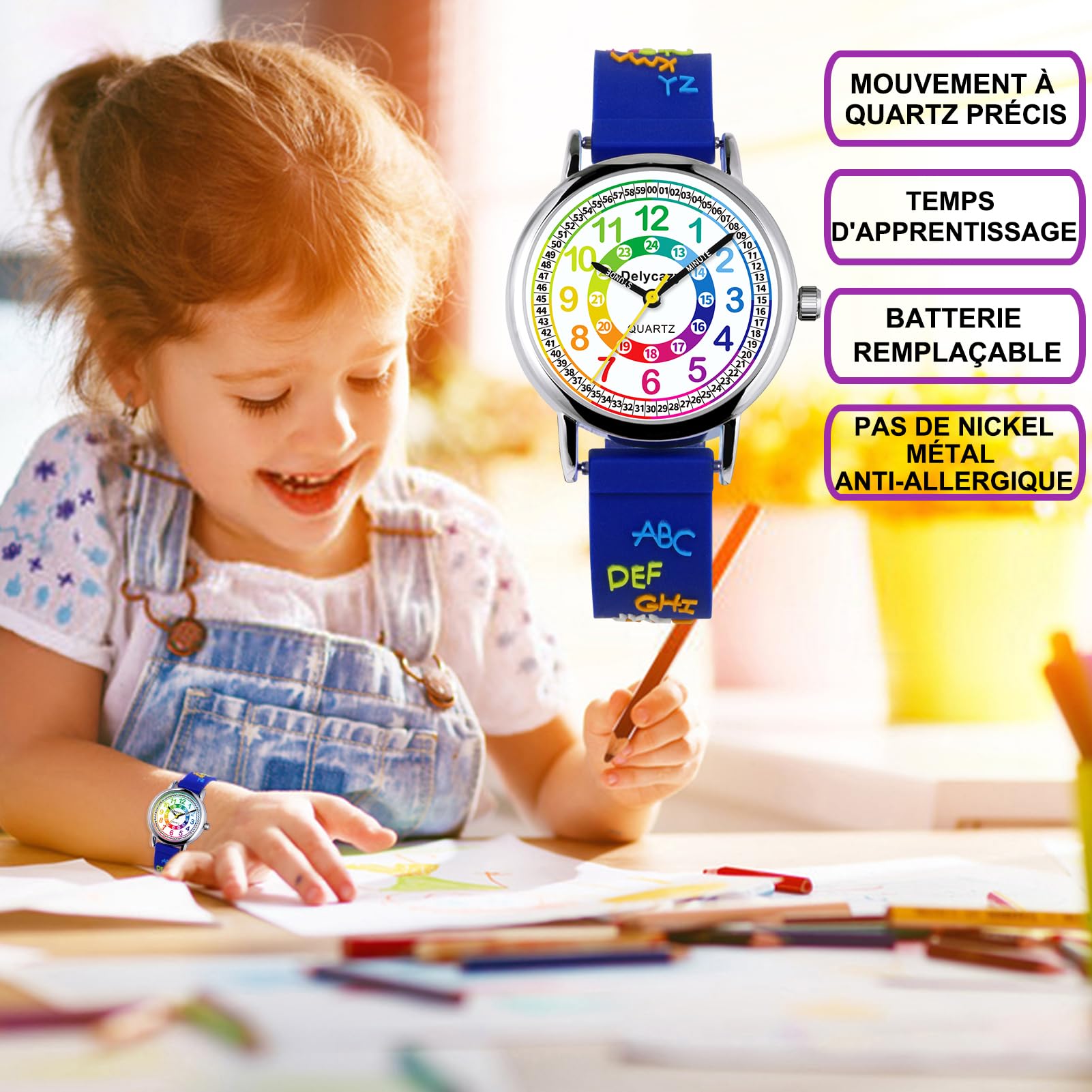 Delycazy Montre Enfant, 12 et 24 Heures Mouvement à Quartz Montre pour Enfants Fille Garçon, Cadeau Fille Garçon 4 5 6 7 8 Ans