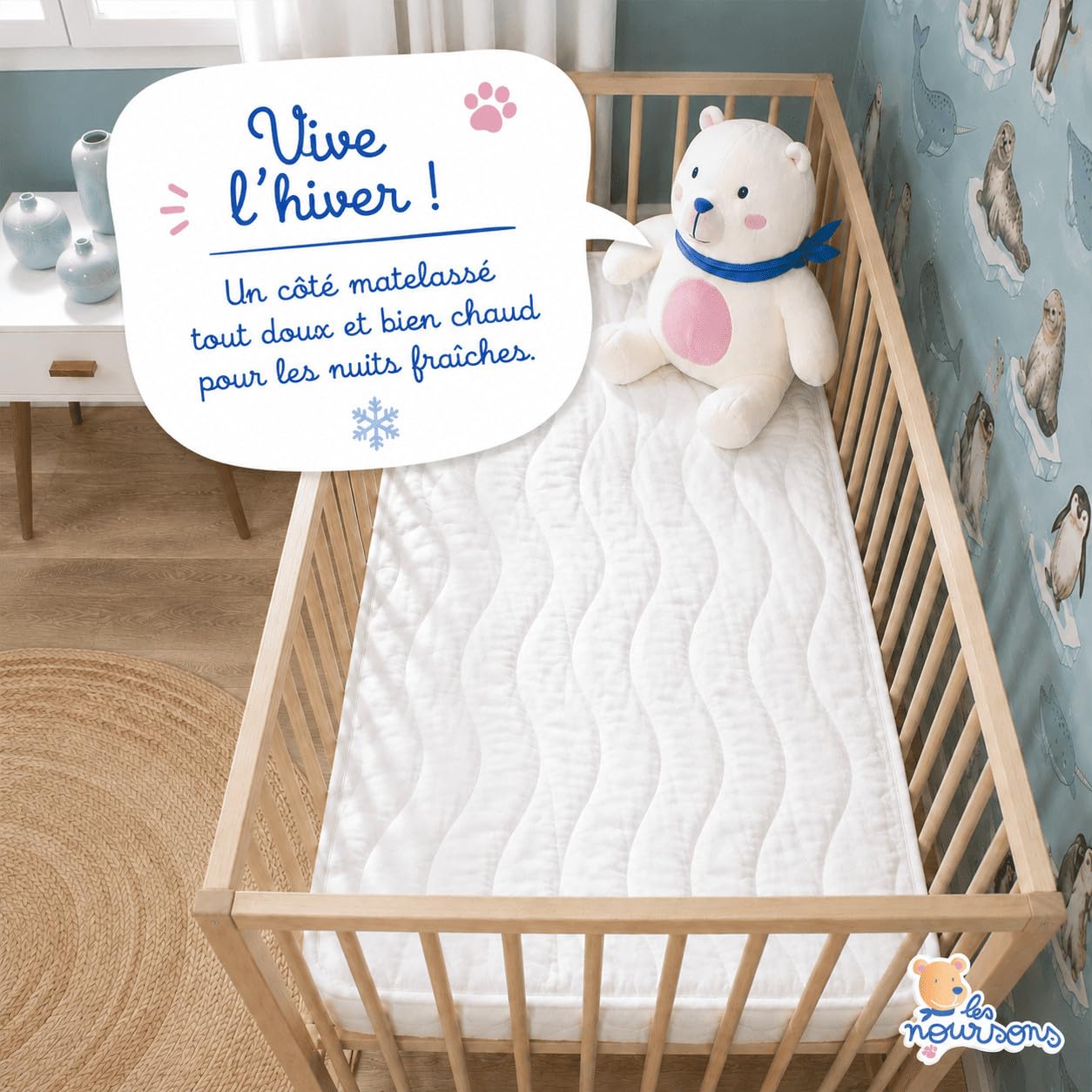 Matelas Bébé Climatisé 60x120 cm- Réversible - 1 Face Été fraîche / 1 Face Hiver ouatinée - OekoTex® - Fabrication Française