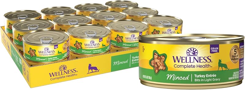 Ração úmida para gatos adultos Wellness Complete Health com peru picado, sem grãos, 156 g, pacote com 24 latas