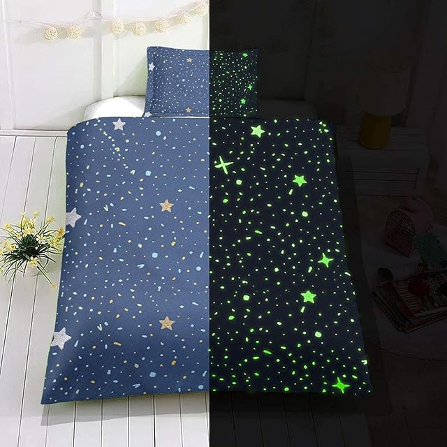 Homewish Kids Glow in The Dark Duvet Cover Single Blue Cartoon Stars Universe Bedding Set Toddler Bed Comforter Child Starry Sky Theme Decor Bedspreads with Zipper,No Sheet, Multicolor