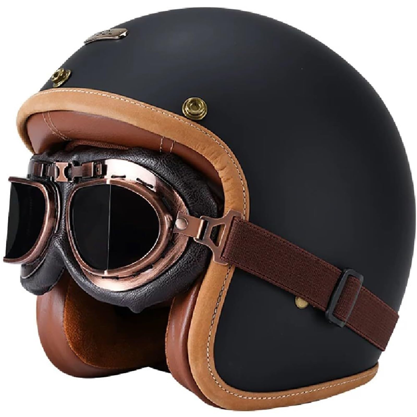 Legion 3/4 Kask Motocyklowy Otwarty Certyfikat Atest ECE 22.06 Dopuszczony do Ruchu Skorupa ABS Szybkie Zapięcie Retro z Okularami Vintage Złoty Pas Skuter Cruiser Matowy Czarny