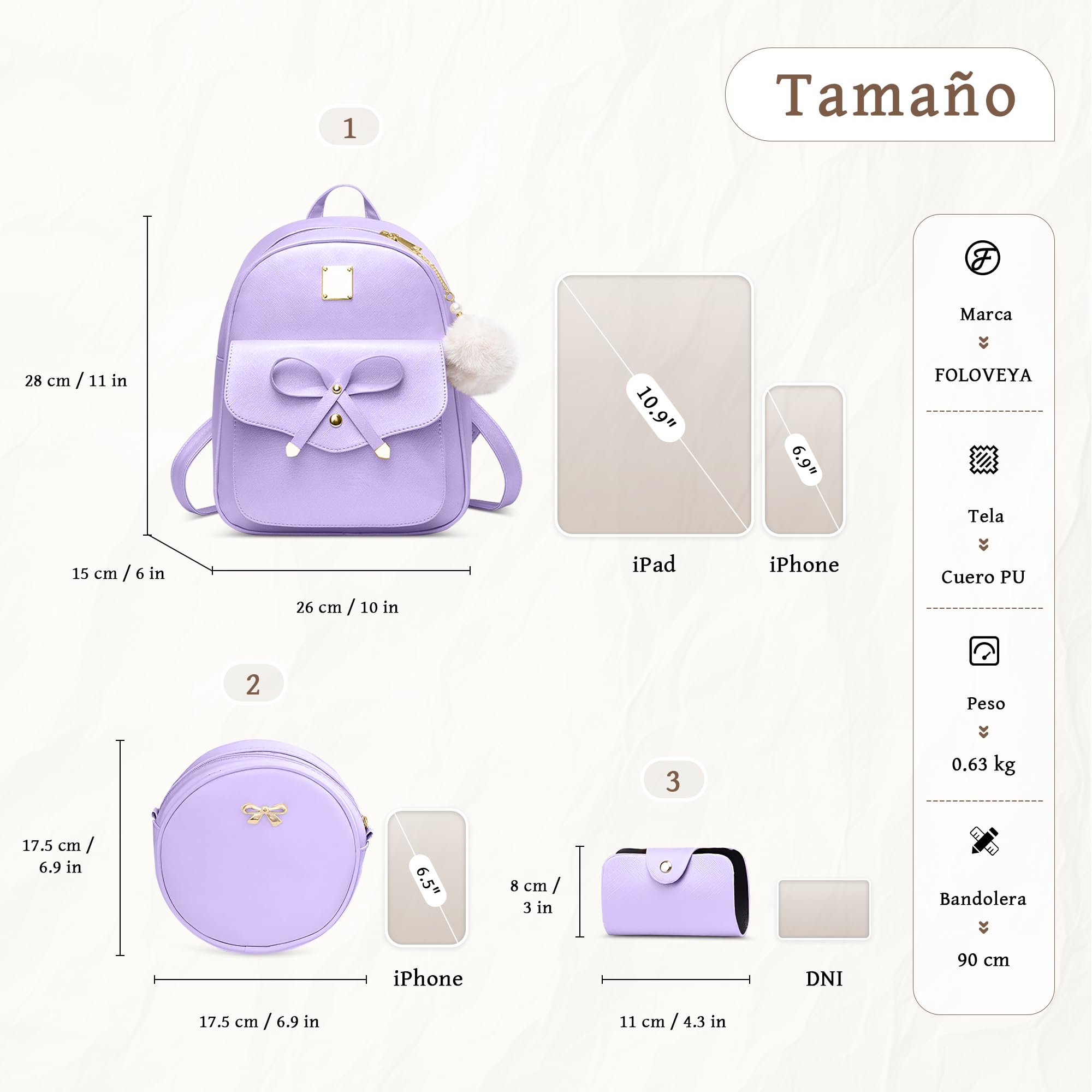 Mochila Mujer Pequeña Set 3 Piezas Bolso Bandolera Monedero PU Cuero Mochilas Antirrobo Elegante Bolsos Mochila Niñas con Lazo para Viaje Trabajar Fiesta