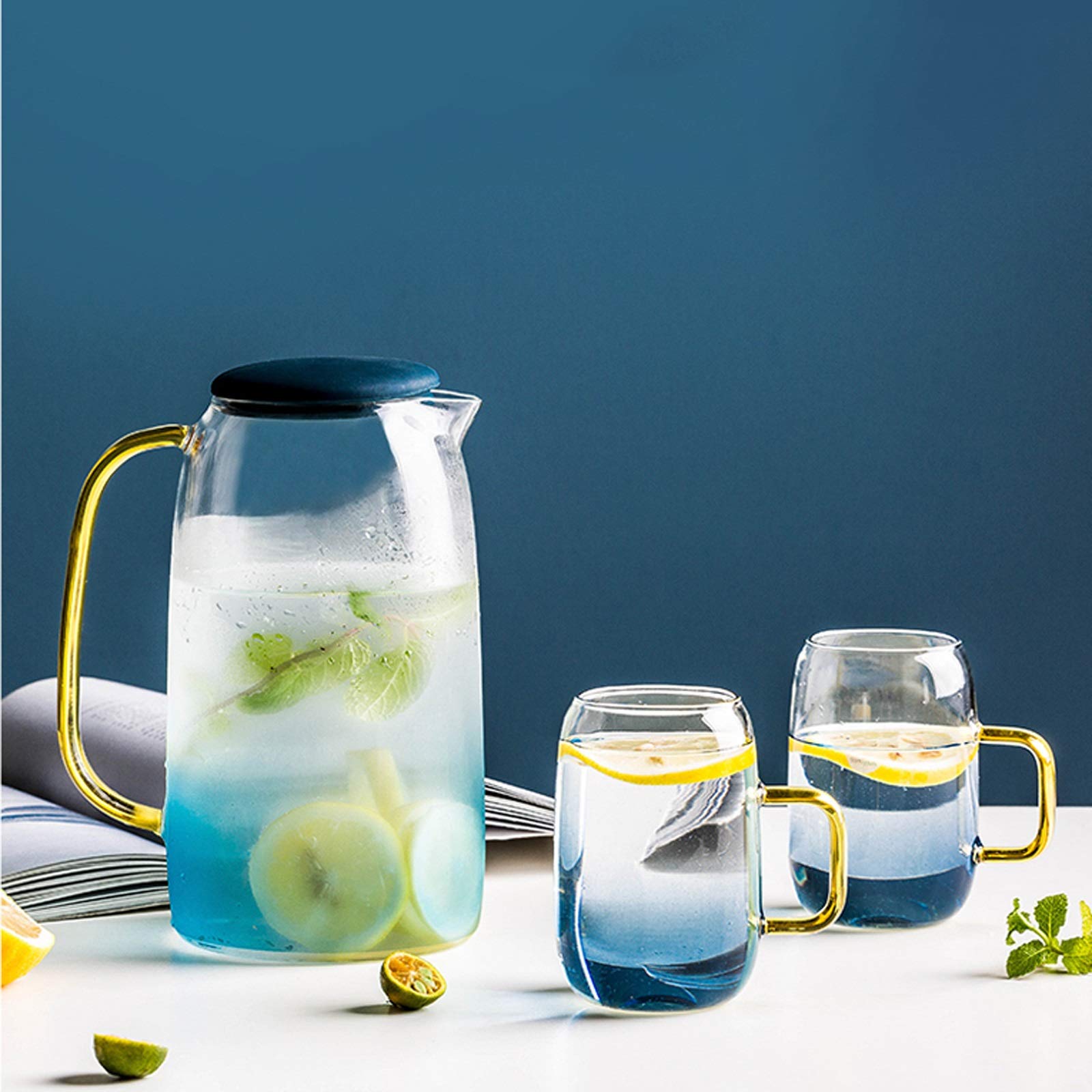 LOWLIU Caraffe di tè Freddo Brocca di Vetro di Grande capacità con Manico Teiera in Vetro Resistente ad Alta Temperatura Senza gocciolamento for tè ghiacciato, Bevande Calde/Fredde brocche