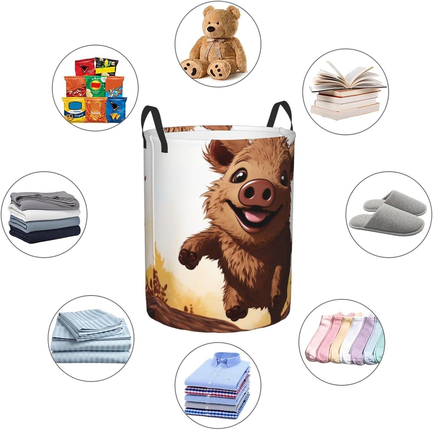 Jumping boar animation Laundry Basket With Handles, Foldable Laundry Hamper Oxford Cloth Dirty Clothes Basket Waterproof Clothes Toys Storage Bin Organizer for Bedroom Bathroom Dorm
