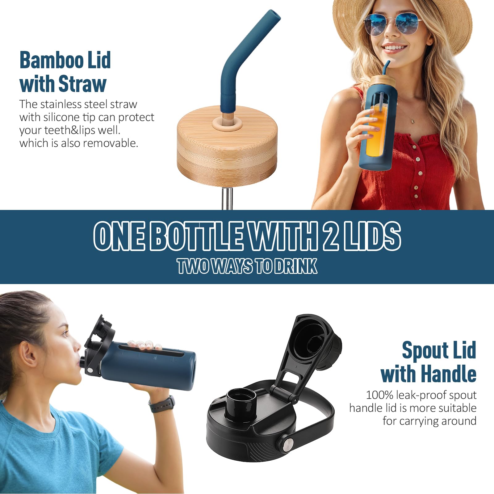 BLUEGO Borraccia in vetro da 600ml con cannuccia e 2 coperchi, tazza da caffè in vetro con custodia in silicone, senza BPA, Blu scuro