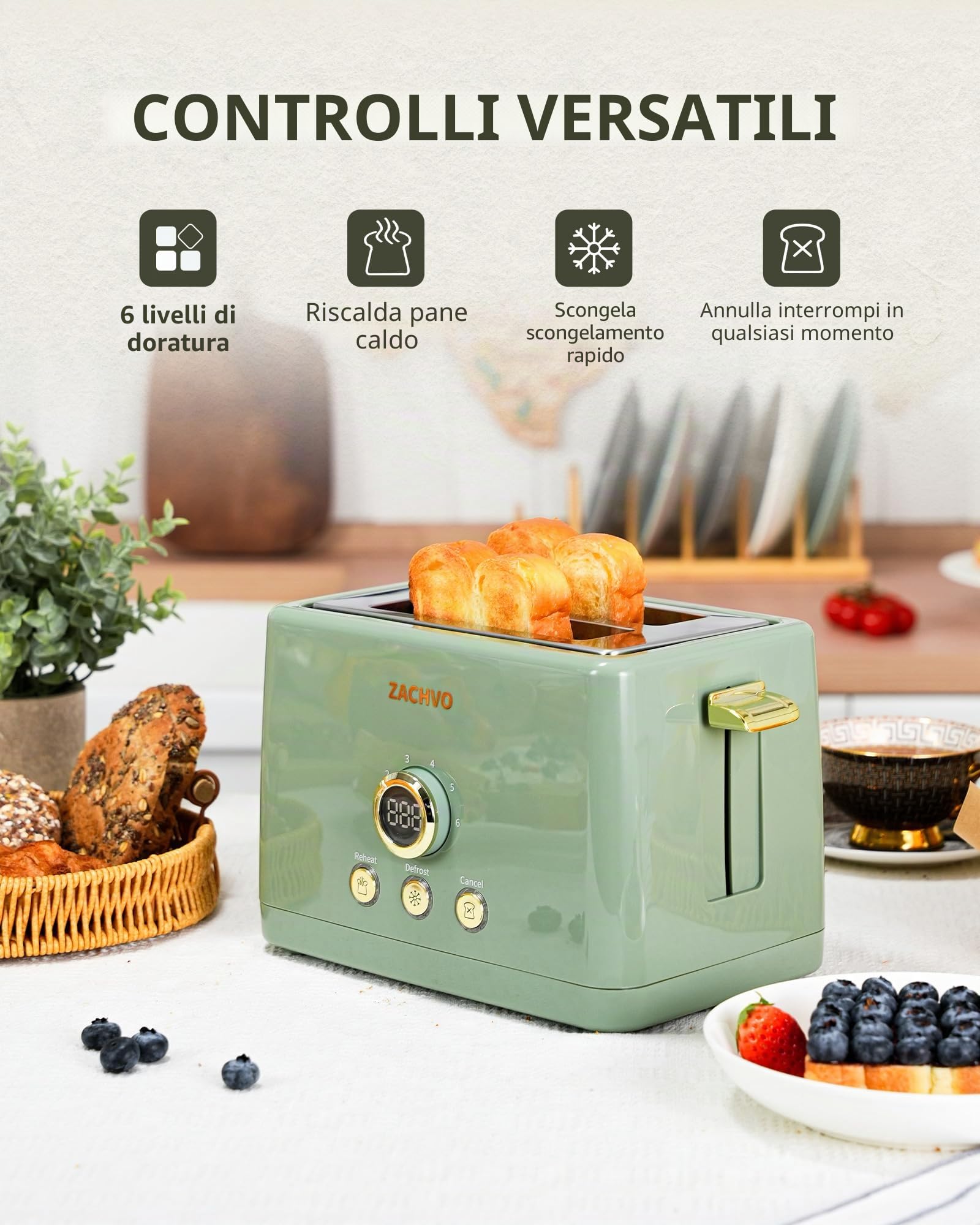 Tostapane 2 fette, ZachVO tostapane con inserto per panini, 6 livelli di doratura, cassetto raccoglibriciole rimovibile da 850 W, schermo a LED, High Lift, riscaldamento, scongelamento, funzione di