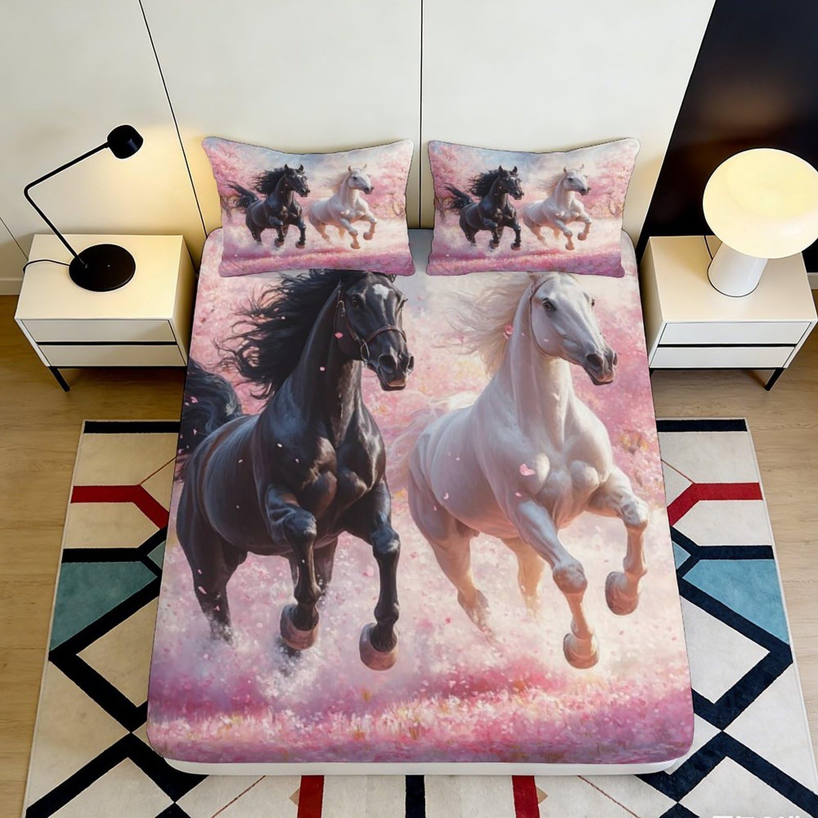 3D Printed Running Black Horse Fitted Sheet Microfiber Soft White Horse Mattress Cover for Bedroom Dorm Decor 120x200cm 140x200x25cm