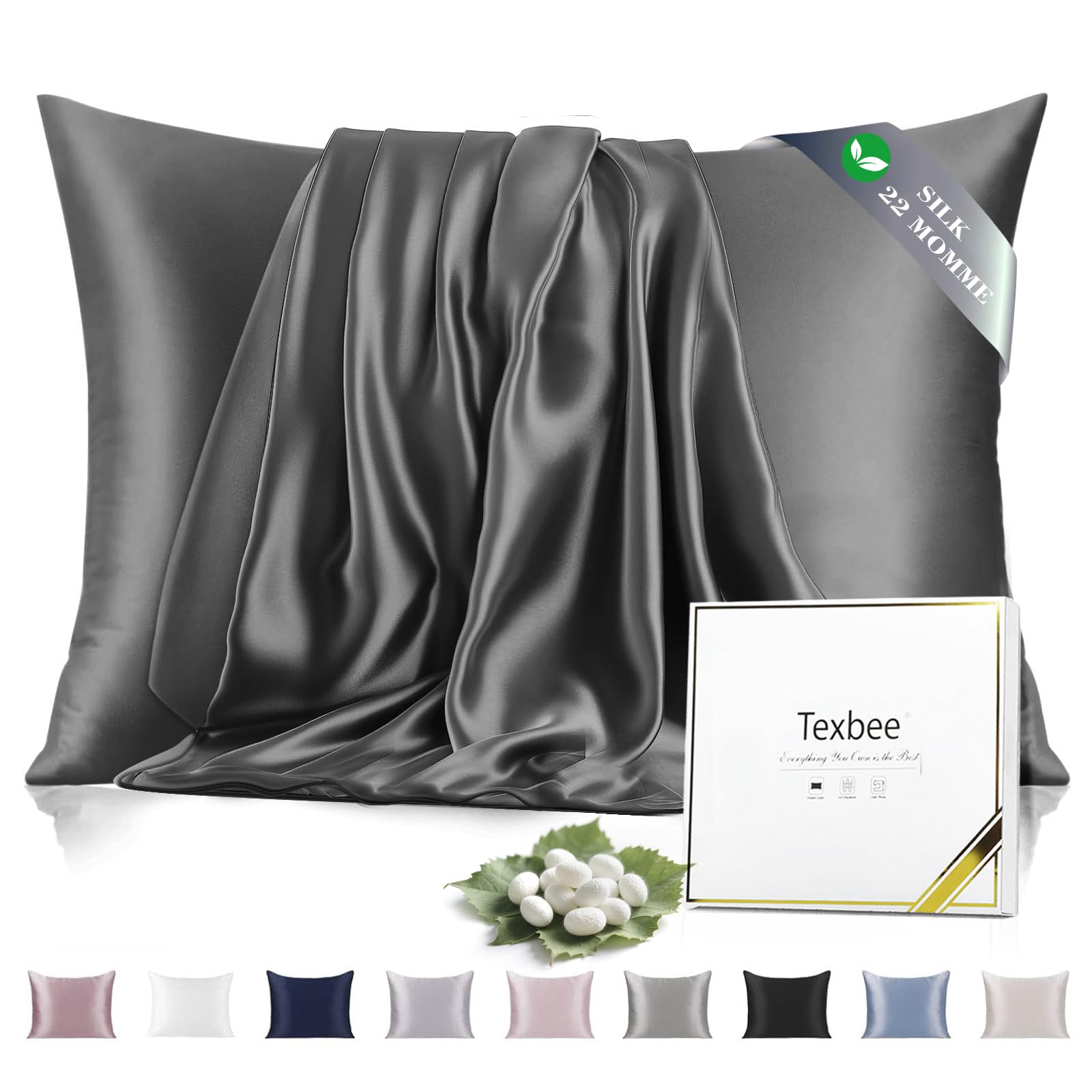 Texbee Seidenkissenbezug 40x80cm für Haar und Haut Beide Seiten Natürliche Kissenbezug Seide mit verstecktem Reißverschluss Weiche Atmungsaktive Glatte 1PCS-Weltraum Grau