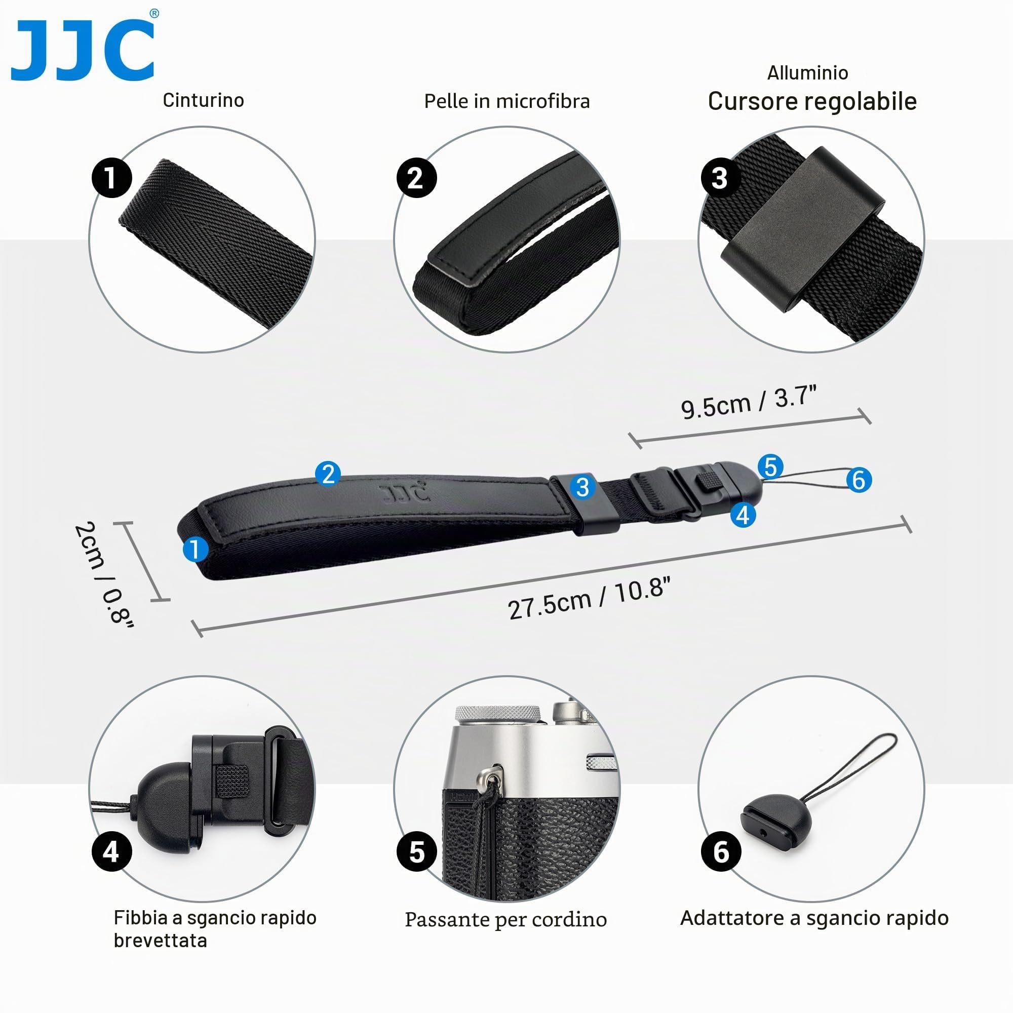 JJC Cinturino da polso Deluxe a sgancio rapido per fotocamera mirrorless e compatta, fotocamera compatta e ultra-compatta con occhiello a linguetta rotonda