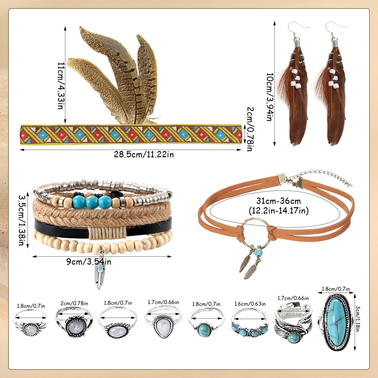 Booaee Disfraz de indio vintage boho para mujer, 12 unidades, accesorios indios, tocado indio, pluma, diadema, pendientes, collar de piel, pulsera turquesa, anillos para carnaval y más