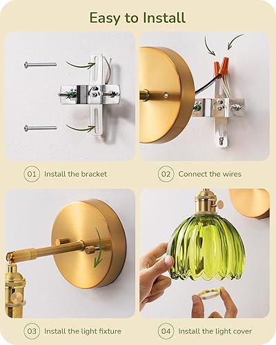 Miniatura 7 de EDISHINE Juego de dos apliques de pared, lámpara de pared vintage con pantalla de cristal de tulipán verde, 180 grados ajustable, cableado, lámpara