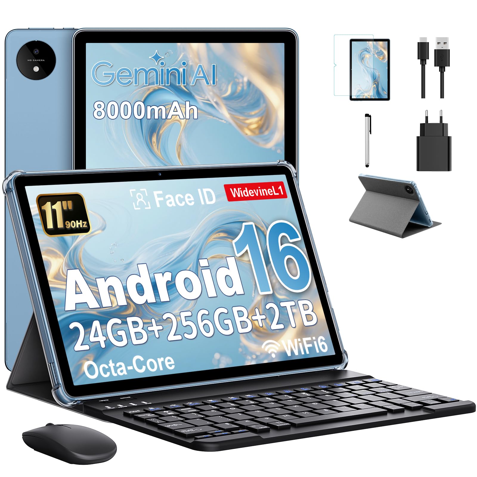 Tablet 11 Pollici con Gemini AI, Tablet Android 16 con Custodia, Mouse & Tastiera, Octa-Core, 24 GB RAM + 256 GB ROM + 2 TB TF, 1920x1200 Display HD, 90Hz, Fotocamera Doppia 8MP+13MP, 8000mAh (Blu)