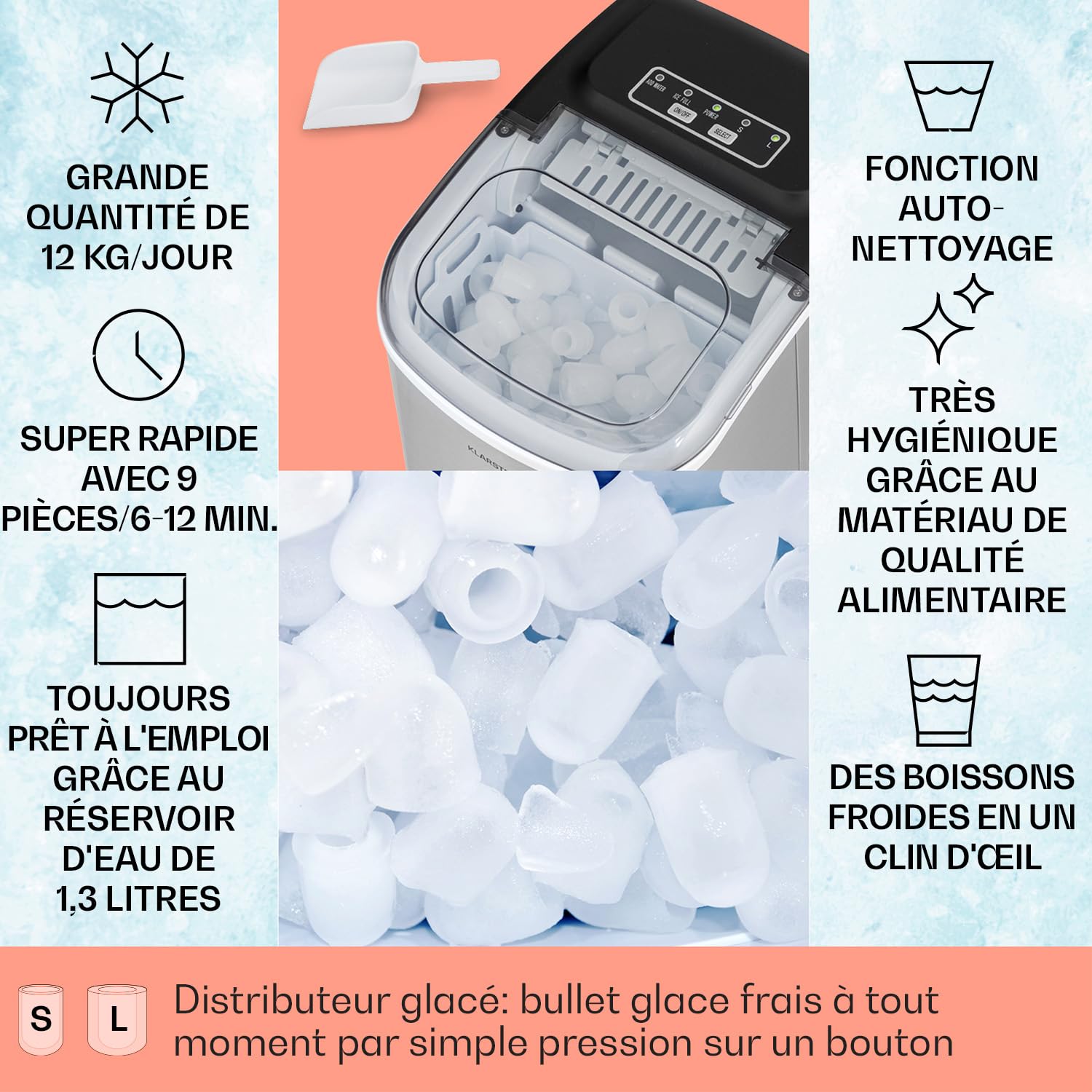 Klarstein Machine a Glacons pour la Maison, Capacité de 1,3L, Fabrique Rapidement Jusqu'à 12kg de Glacons, Machine a Glaces Petits et Grands Glaçons en Forme de Balles, Autonettoyante, Ice Maker