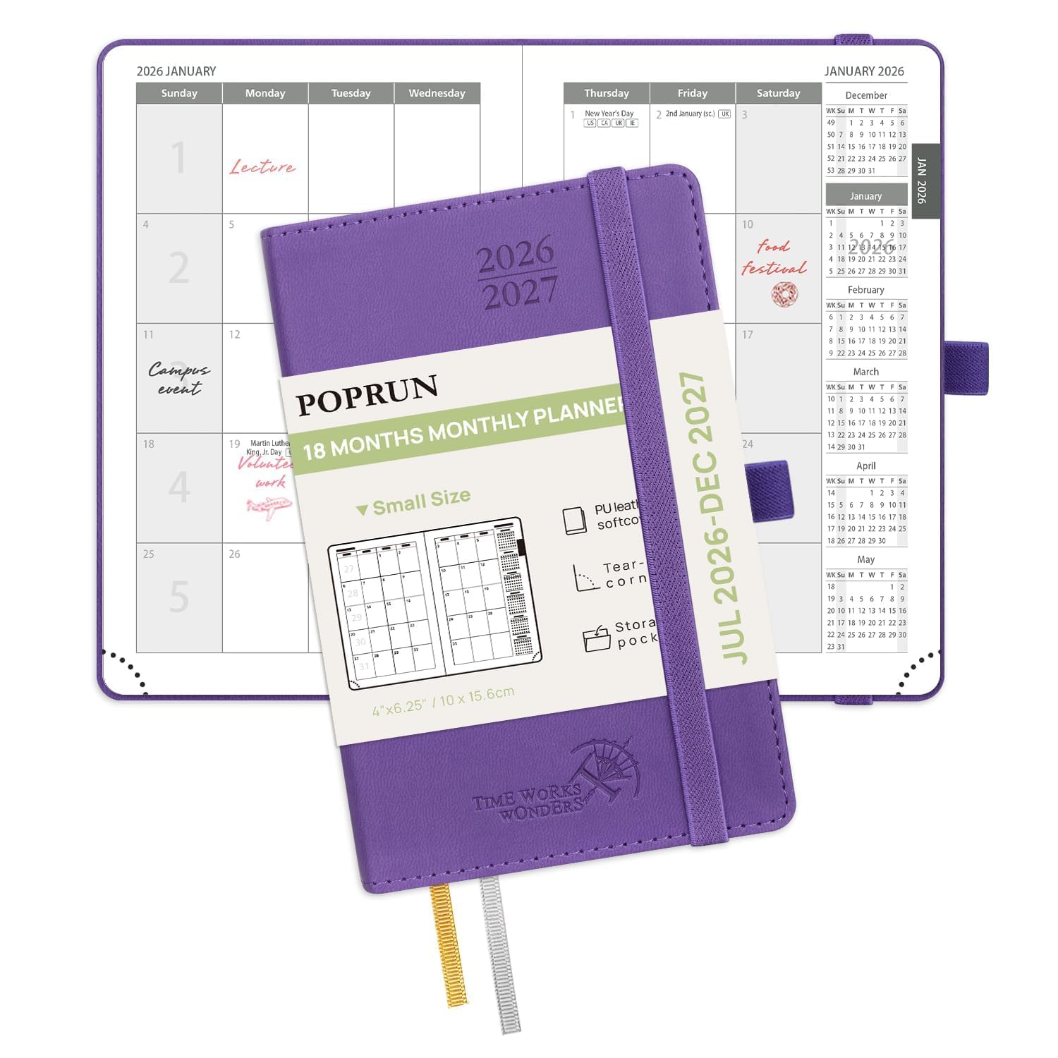 POPRUN Month to View Diary 2026-2027 A6 (16x10.5cm) Pocket (18-Month: Jul'26 - Dec'27) Monthly Planner Soft Cover Small 26/27 Diary, Sunday Start(Purple) — image 1