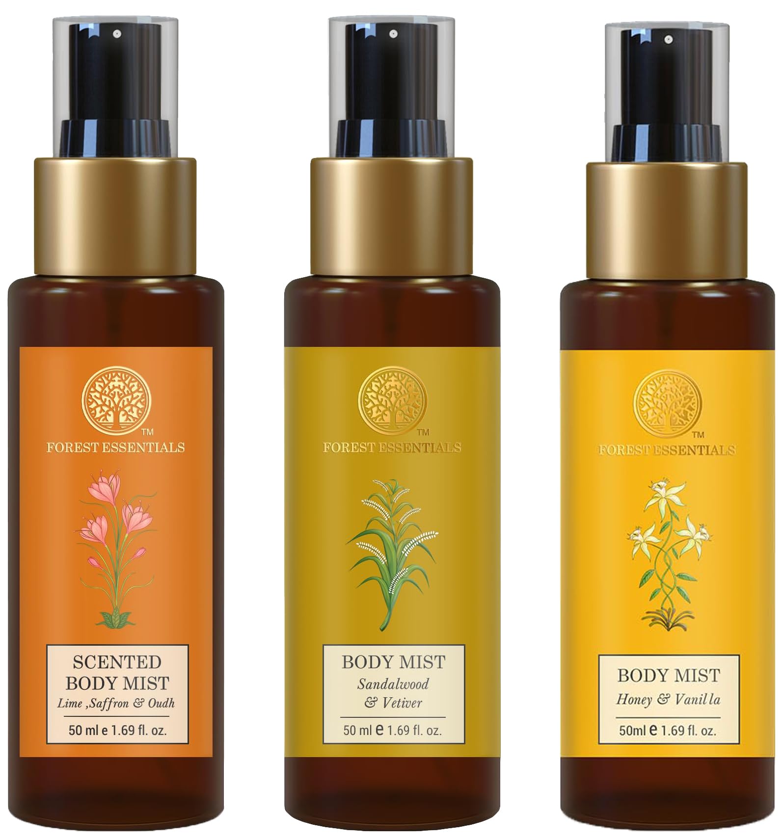 Forest Essentials Body Mist Collection - Lime Saffron Oudh + Sandalwood Vetiver 50ml + Honey Vanilla 50ml | Natural & Hydrating | Long-Lasting Fragrance