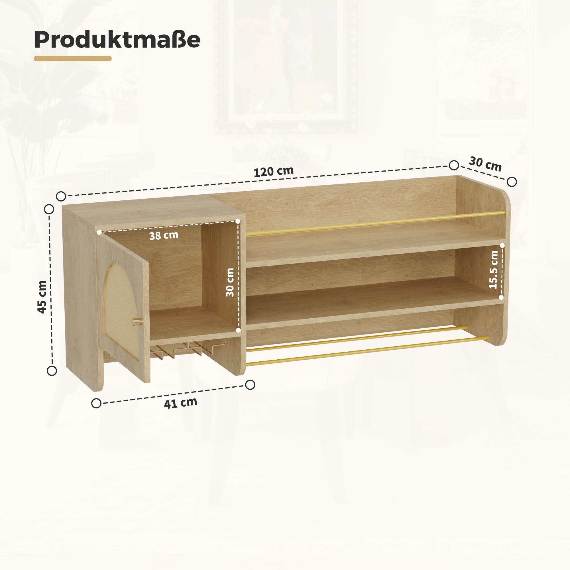 BonVache Weinschrank, mit verstellbaren Weinregalen und Glasablagen, Getränkelagerung, Küchen-Weinregal, geeignet für Esszimmer und Wohnzimmer, in Naturholzoptik
