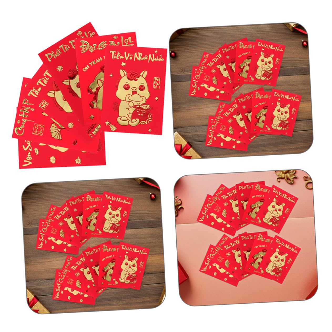 OSALADI 360 Sztuk Sztuk Kreatywnych Kopert Czerwonych Hong Bao Rok Konia z Tekstem Wietnamskim Trwałe Koperty Lunar Year Festival Rodzinne i Korporacyjne Uroczystości