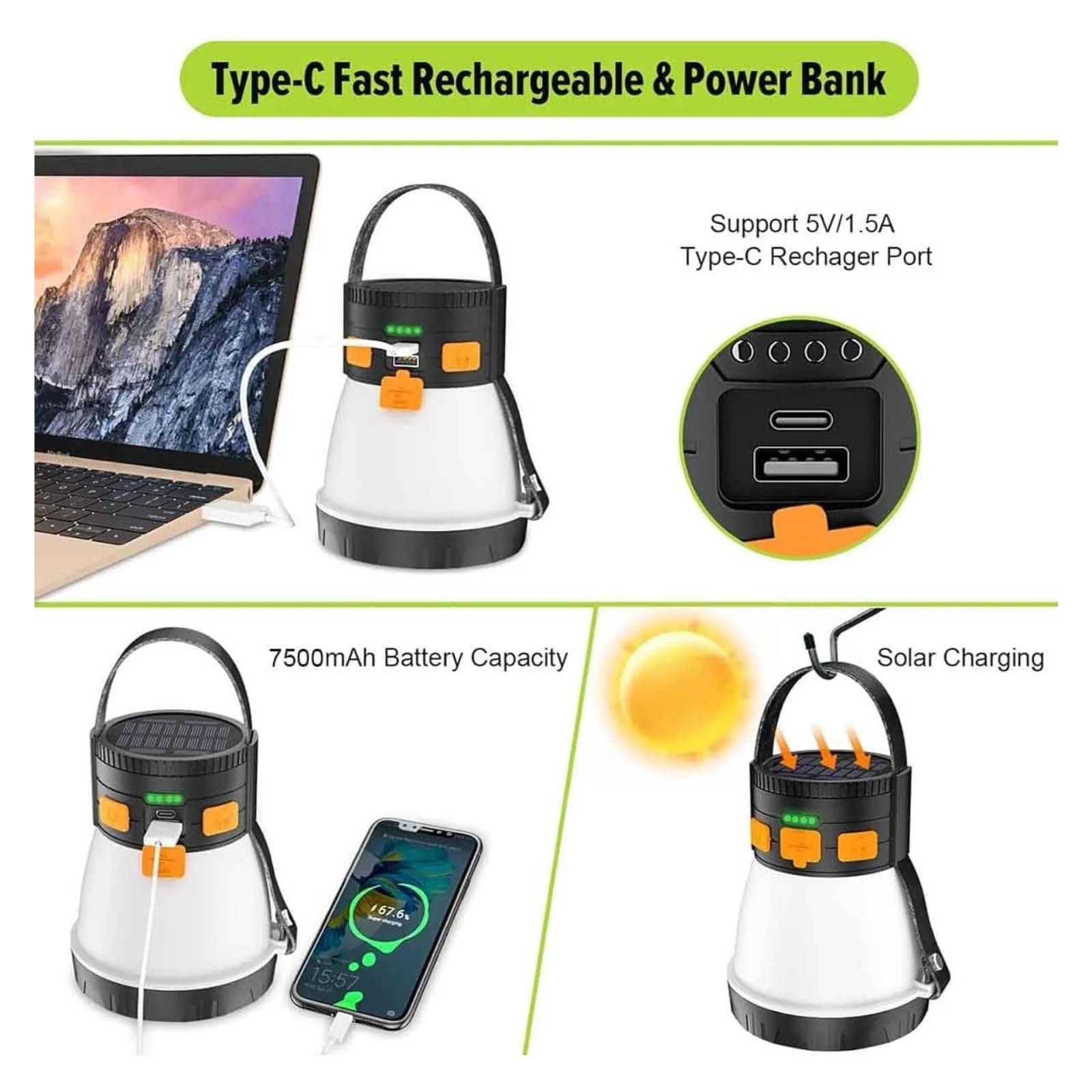 Lanterna da campeggio a LED, lanterna da campeggio ricaricabile da 1500 lumen con pannello solare, impermeabile, 8 modalità di illuminazione, power bank da 7500 mAh, torcia da campeggio for emergenze