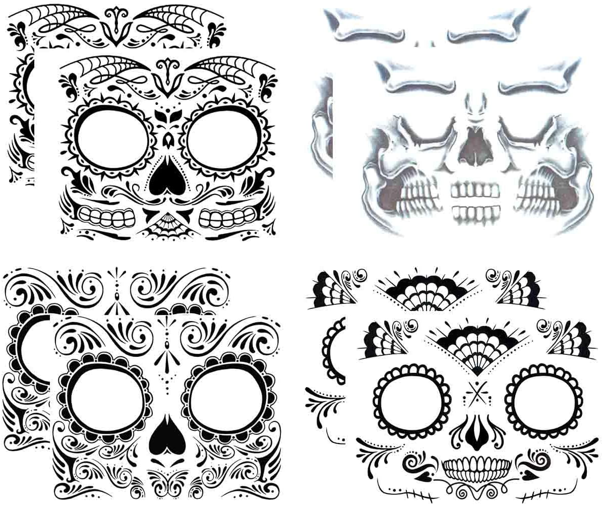 COKOHAPPY Day of the Dead, Skeleton Face Tattoo Sticker, 8 Sheets Sugar Skull, Red Roses Temporary Face Tattoo Halloween Makeup Kit for Men