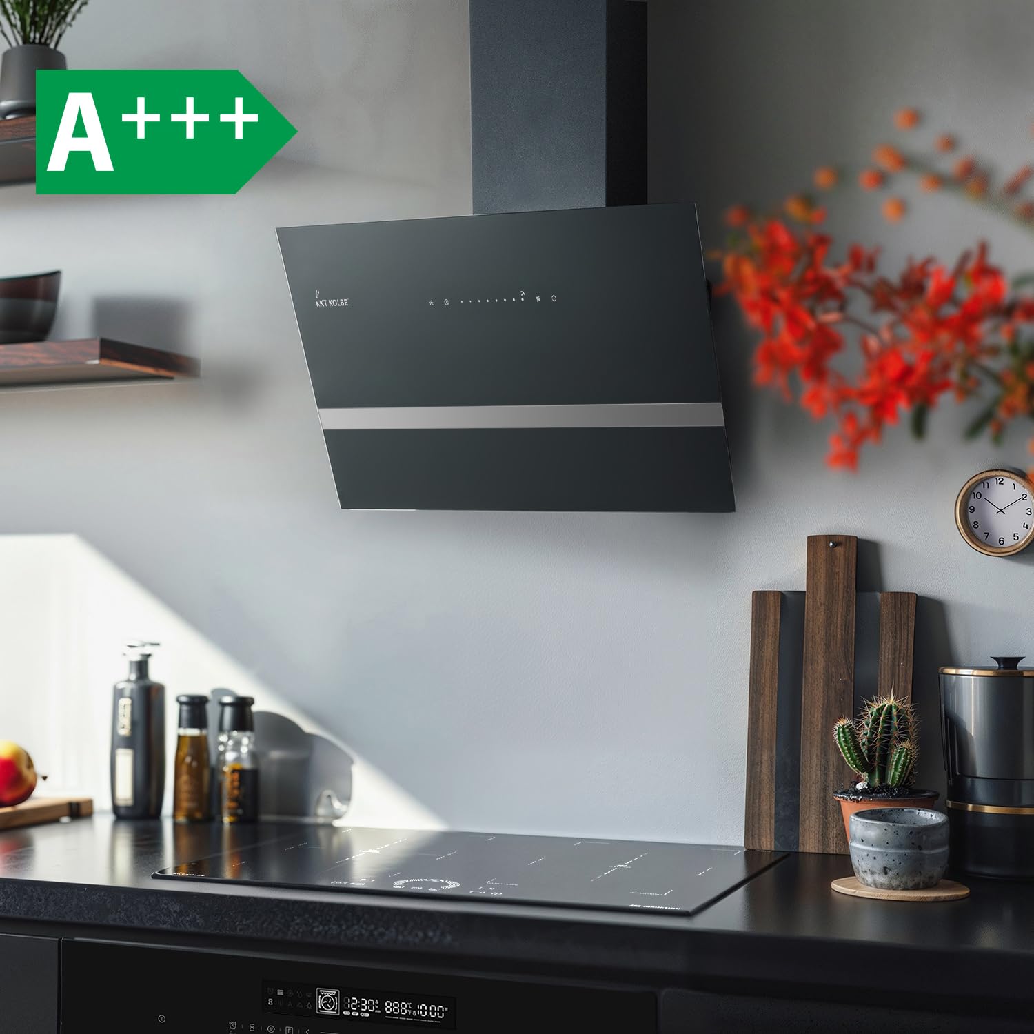 KKT KOLBE Cappa aspirante 90 cm | Cappa Cucina Inclinata | acciaio inossidabile | vetro nero | WiFi | auto spegnimento | Illuminazione LED RGBW | Operazione di tocco | EASY9005SM