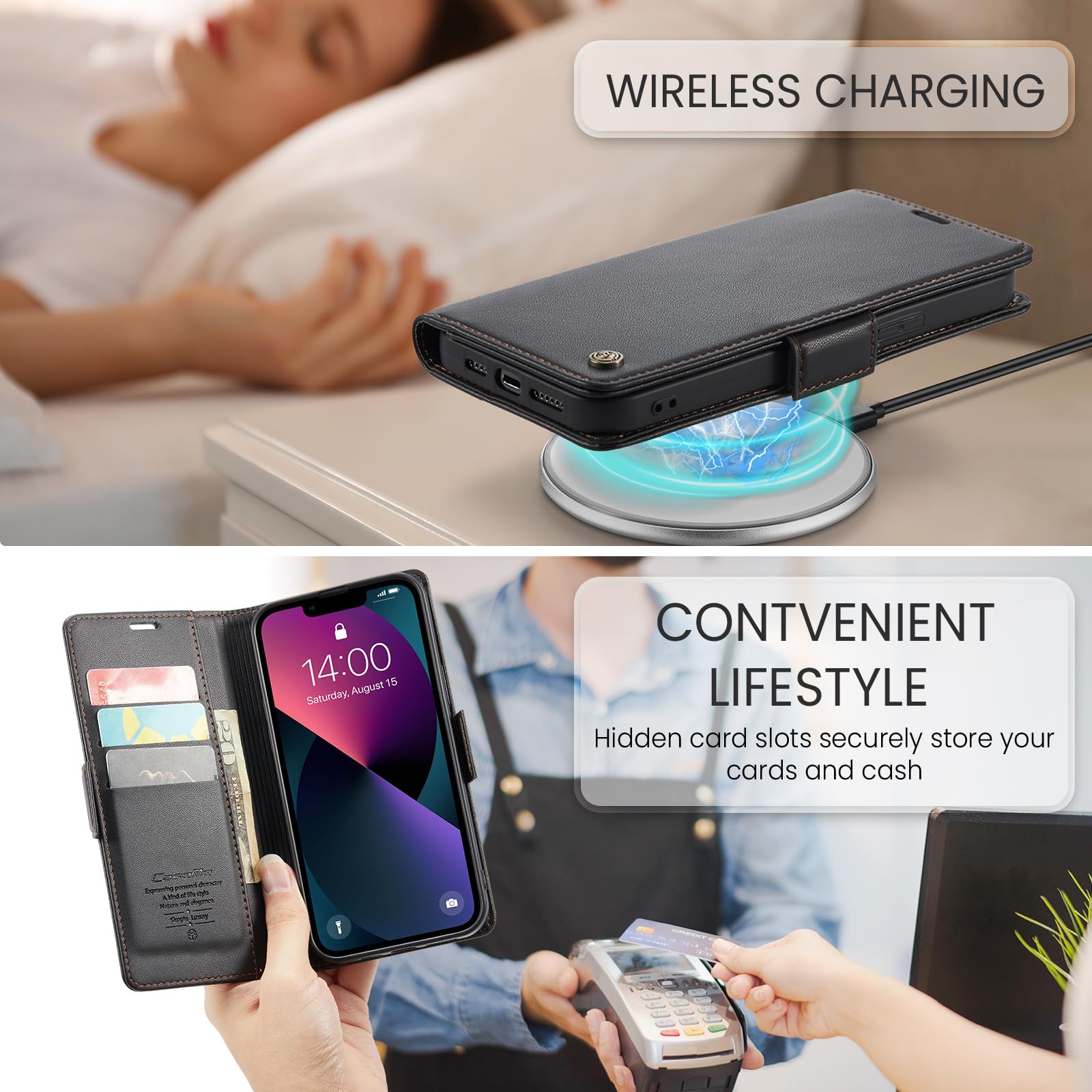 Funda para iPhone 13 6.1", Funda de Cierre Magnético, Cartera de Cuero PU con [Bloqueo RFID], Soporte, Ranura para Tarjetas, Carcasa de Libro, Case para iPhone 13,Negro - 5