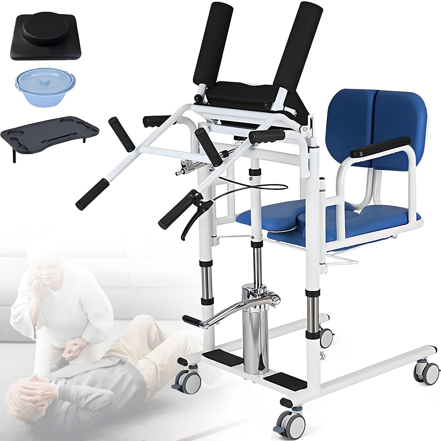 Patientenlift-Transferstuhl, Hydraulischer Patientenlift-Rollstuhl, Multifunktionale Transfermaschine, Pflegestuhl, Mit Abnehmbarem Töpfchen, Mit 180° Geteiltem Sitz, Für Gelähmte Patienten Blue