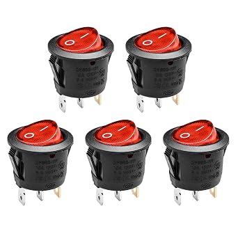 5 Pack KCD1 On/Off Red LED Round Boat Rocker Switch | 3-Pin 2-Position Snap 10A/125V, 6A/250V