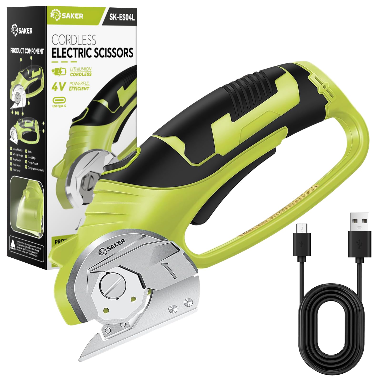 Saker Cordless Electric Scissors,4V Rechargeable Cardboard Box Cutter Fabric Scissor with Safety Lock & LED Light,Power Rotary Cutter for Leather Carpet Plastic Cutting (Cordless Scissor, Green)