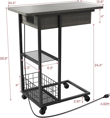 Miniatura 10 de LIDYUK Mesa auxiliar en forma de C con estación de carga, mesa auxiliar abatible con puertos USB y tomas, mesa de sofá con estante de almacenamiento