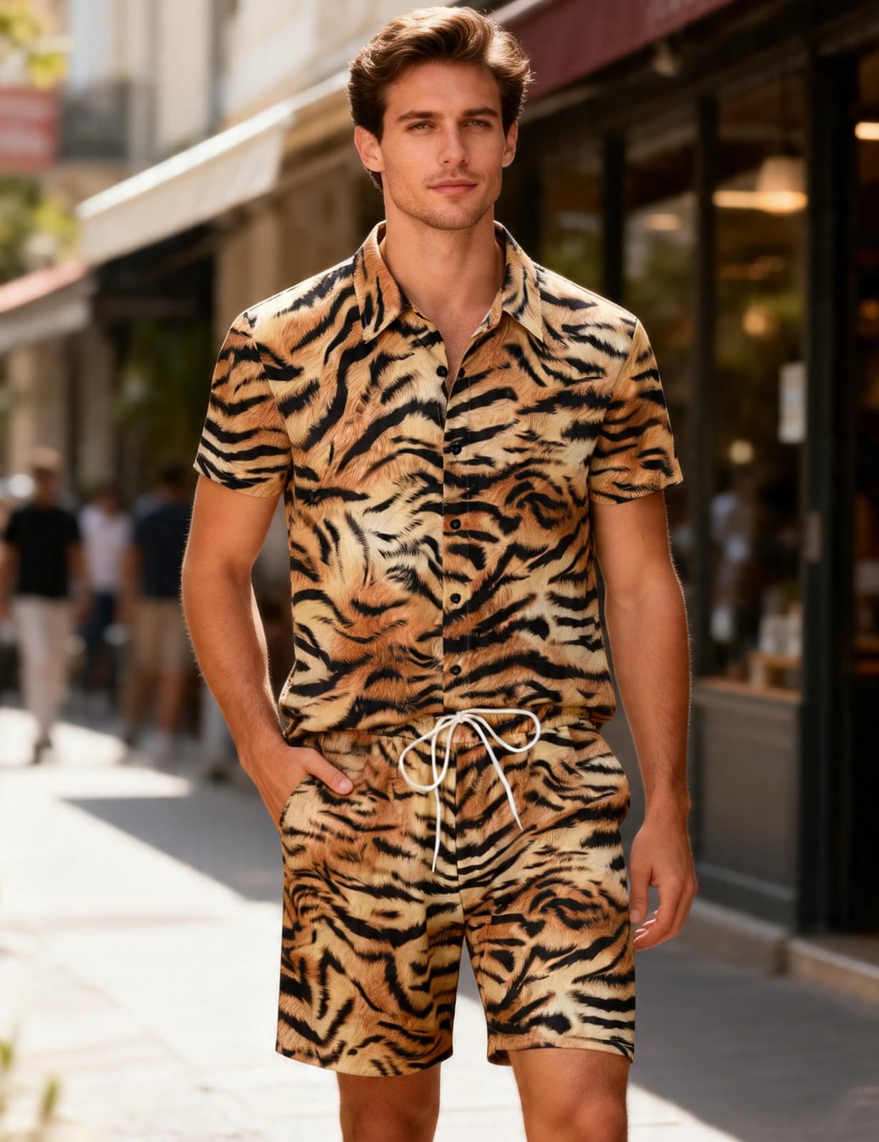 Camicia e Pantaloncini Set Stampa Animale Uomo Maniche Lunghe Camicie Casual