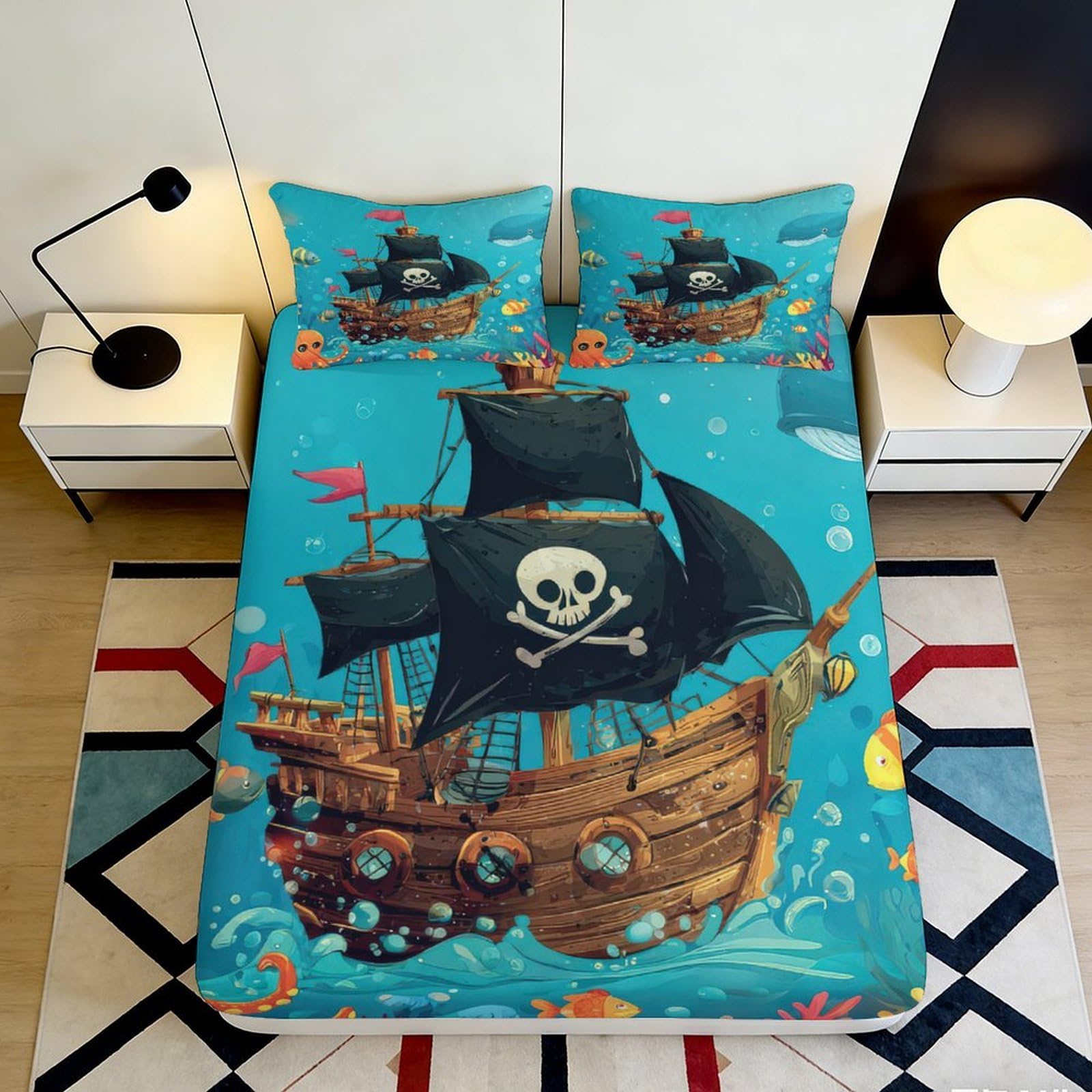 3D Printed Pirate Ship Fitted Sheet Microfiber Blue Ocean Skull Bed Cover for Bedroom Guest Room Decor 90x200x25cm