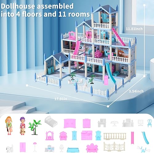 Miniatura 2 de Casas de muñecas para niñas, juguete de casa de muñecas de ensueño, casa de juegos de 4 pisos con 11 habitaciones con 2 muñecas, muebles y