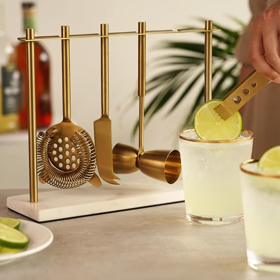 Twine Bar Tool Set Includes Hawthorne Strainer, Citrus Knife, Ice Tongs, Double Jigger with Marble Display Stand for Classic Cocktails and Cold Brew Drinks, Home Bar Cart Accessories, 4-Piece, Gold
