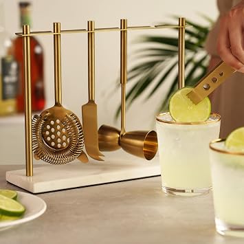 Twine Bar Tool Set Includes Hawthorne Strainer, Citrus Knife, Ice Tongs, Double Jigger with Marble Display Stand for Classic Cocktails and Cold Brew Drinks, Home Bar Cart Accessories, 4-Piece, Gold