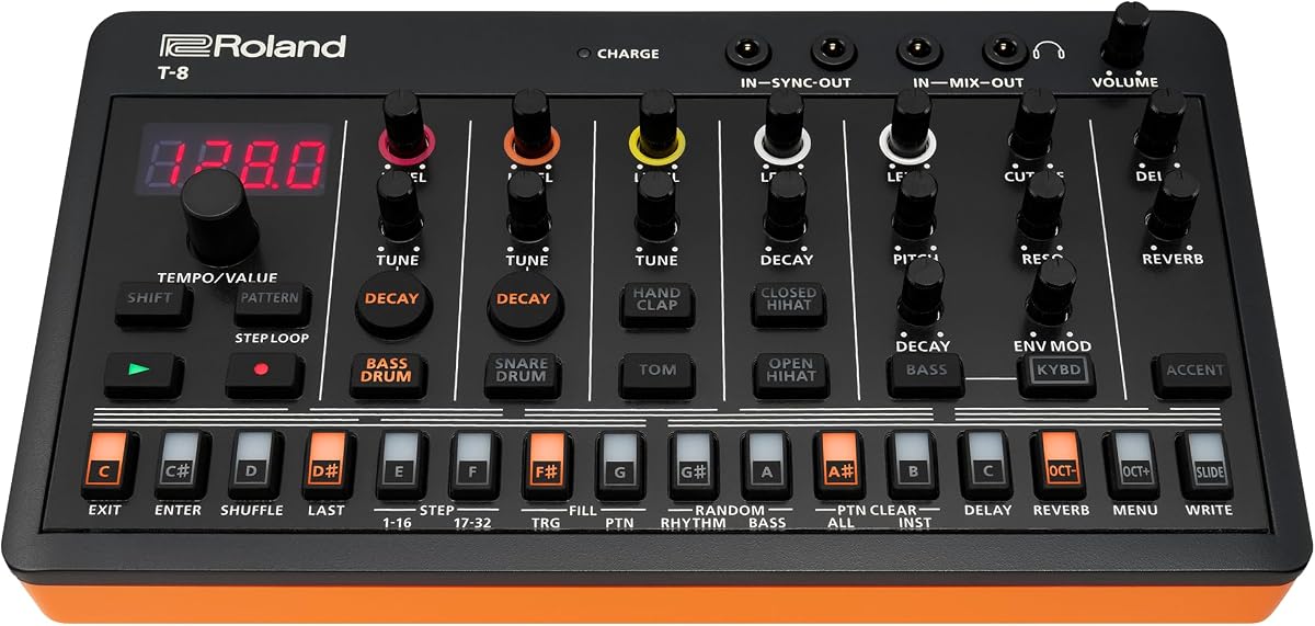 MÁQUINA DE BEAT AIRA Compact T-8 | Máquina de ritmo y bajo ultraportátil con sonidos genuinos de Roland | Secuenciador de batería TR-REC | Seis pistas rítmicas | Efectos incorporados | Conectividad USB y MIDI | Máquina de ritmo y bajo ultraportátil con sonidos genuinos de Roland, secuenciador de batería TR-REC, seis pistas de ritmo, efectos integrados