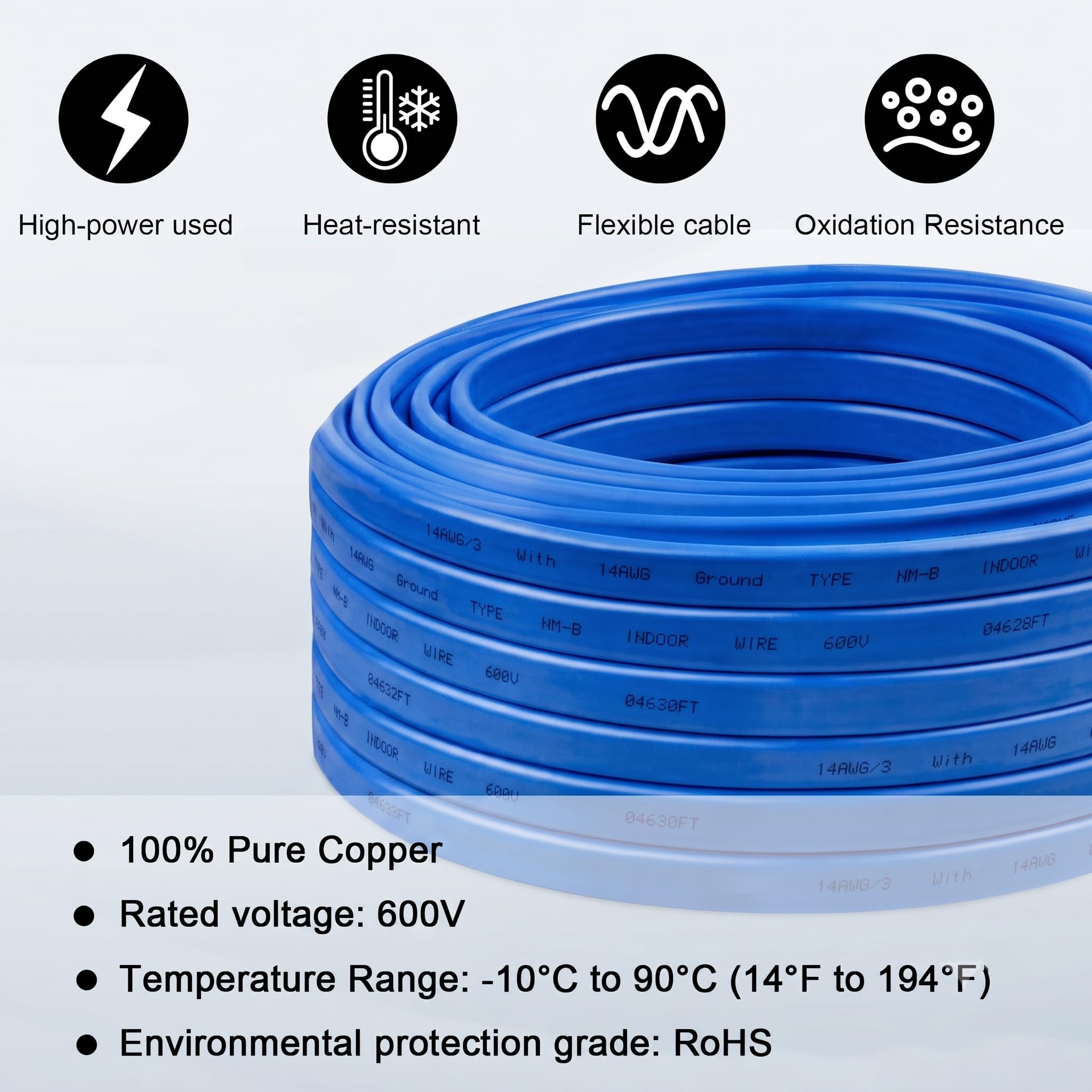Cable 14/3 con tierra, calibre 14 NM-B, cable forrado no metálico, cobre puro 14 AWG, 3 conductores, para tomas de corriente, interruptores, otras cargas y proyectos de cableado de iluminación (azul)