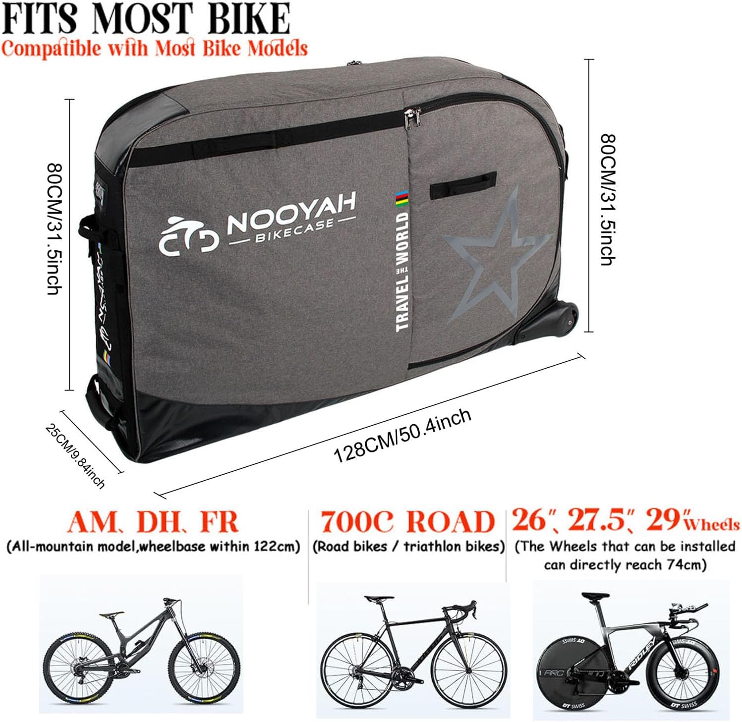 NOOYAH Bike Travel Case with Wheels - Bicycle Pro Transport Equipment Protection Storage Bag - Available for Road, AM, DH, Triathlon Bikes， 29er MTB